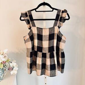 NWT Who What Wear Plaid Ruffle Linen Peplum Tank in Tan & Black, Size Medium